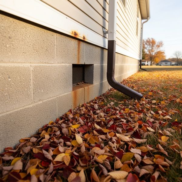 Foundation corner of a manufactured home with fallen leaves near the crawl space