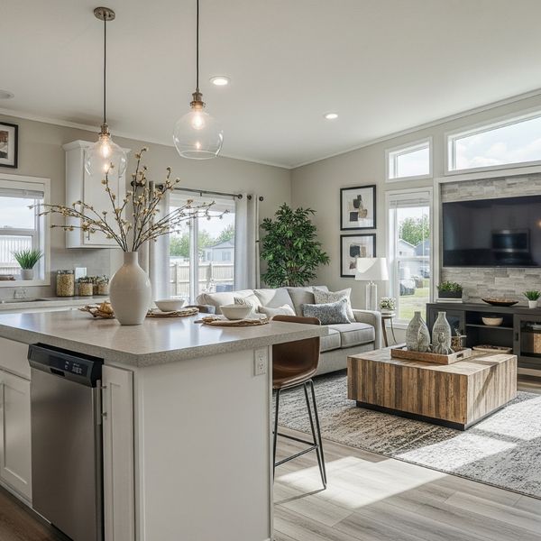 Interior of a modern manufactured home, open-concept kitchen and living room