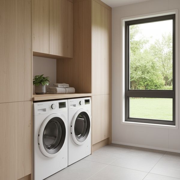 quiet utility room inside a modern prefabricated home