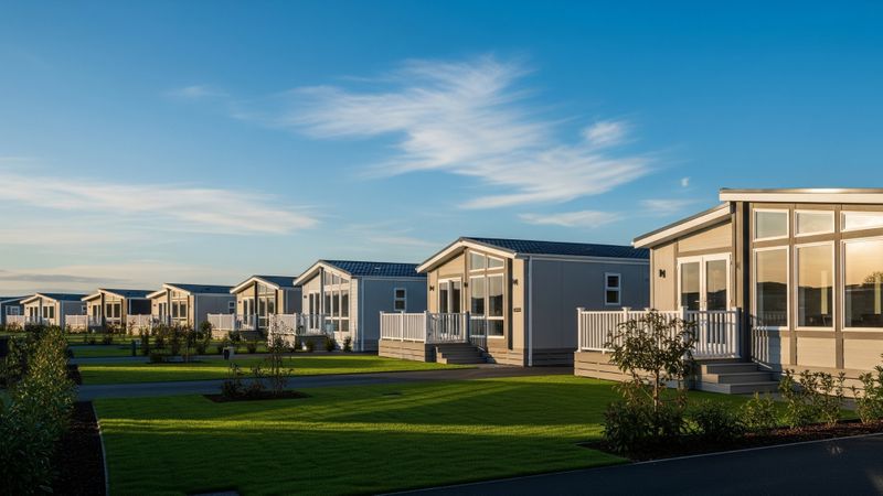 row of attractive manufactured homes with manicured lawns