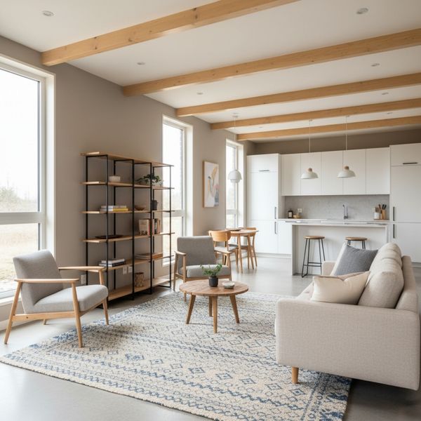 A spacious open-concept living area inside a prefabricated home, with a sofa and armchairs arranged around a rug in the center of the room