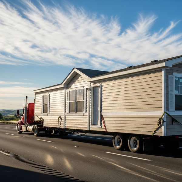 A modern manufactured home being transported on a truck