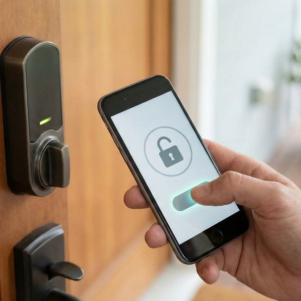 A person unlocking a front door using a smart lock application on a smartphone