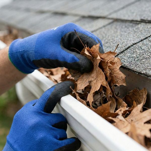 blue gloved hands pulling dry brown leaves out of a white residential gutter blue gloved hands pulling dry brown leaves out of a white residential gutter