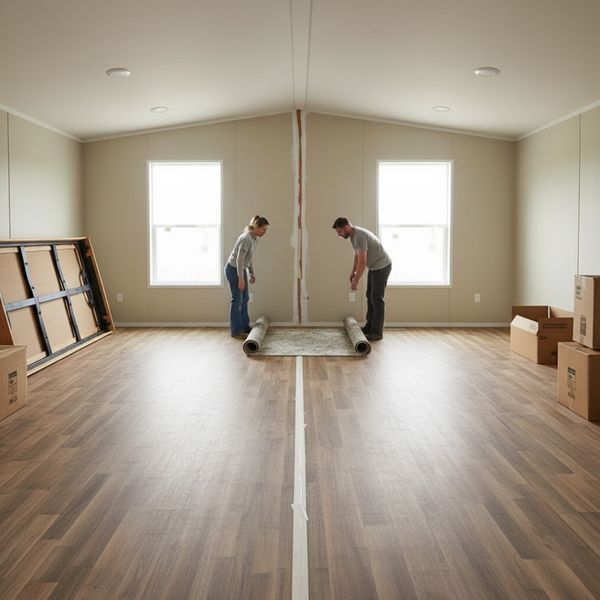 A prefabricated home interior during move-in, showing a sturdy marriage line in the floor and walls