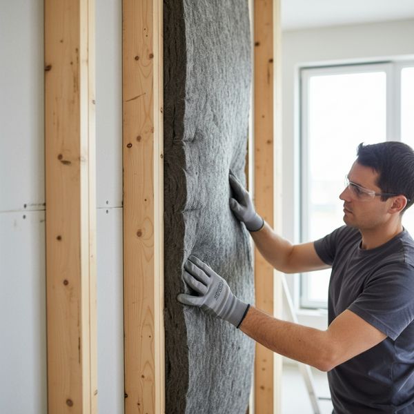 Cross-section of a home wall with dense, high-performance mineral wool insulation being installed