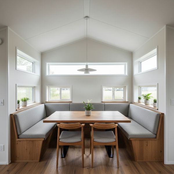 cozy dining area inside a prefabricated home featuring a built-in breakfast nook with a wooden table, cushioned benches, and a few chairs added