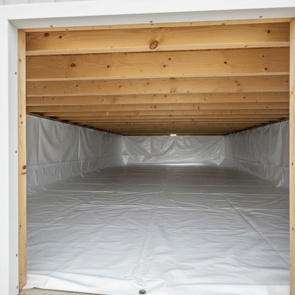 Clean, dry crawlspace under a manufactured home showing an intact white vapor barrier.