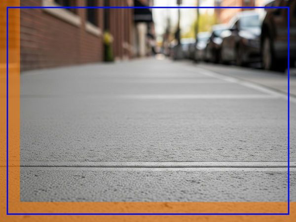 A close-up view of a newly paved concrete sidewalk with a textured surface, extending into an urban street with buildings and cars. A close-up view of a newly paved concrete sidewalk with a textured surface, extending into an urban street with buildings and cars.
