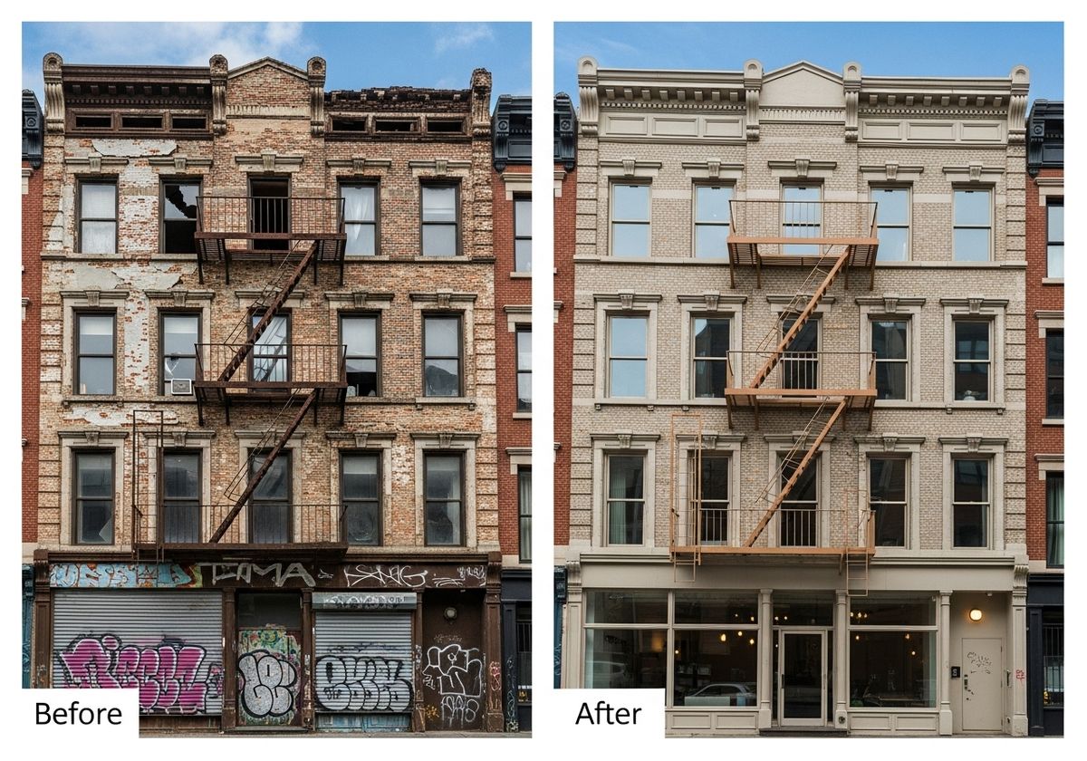 Before and After. Building facade repair contractors masonry repair