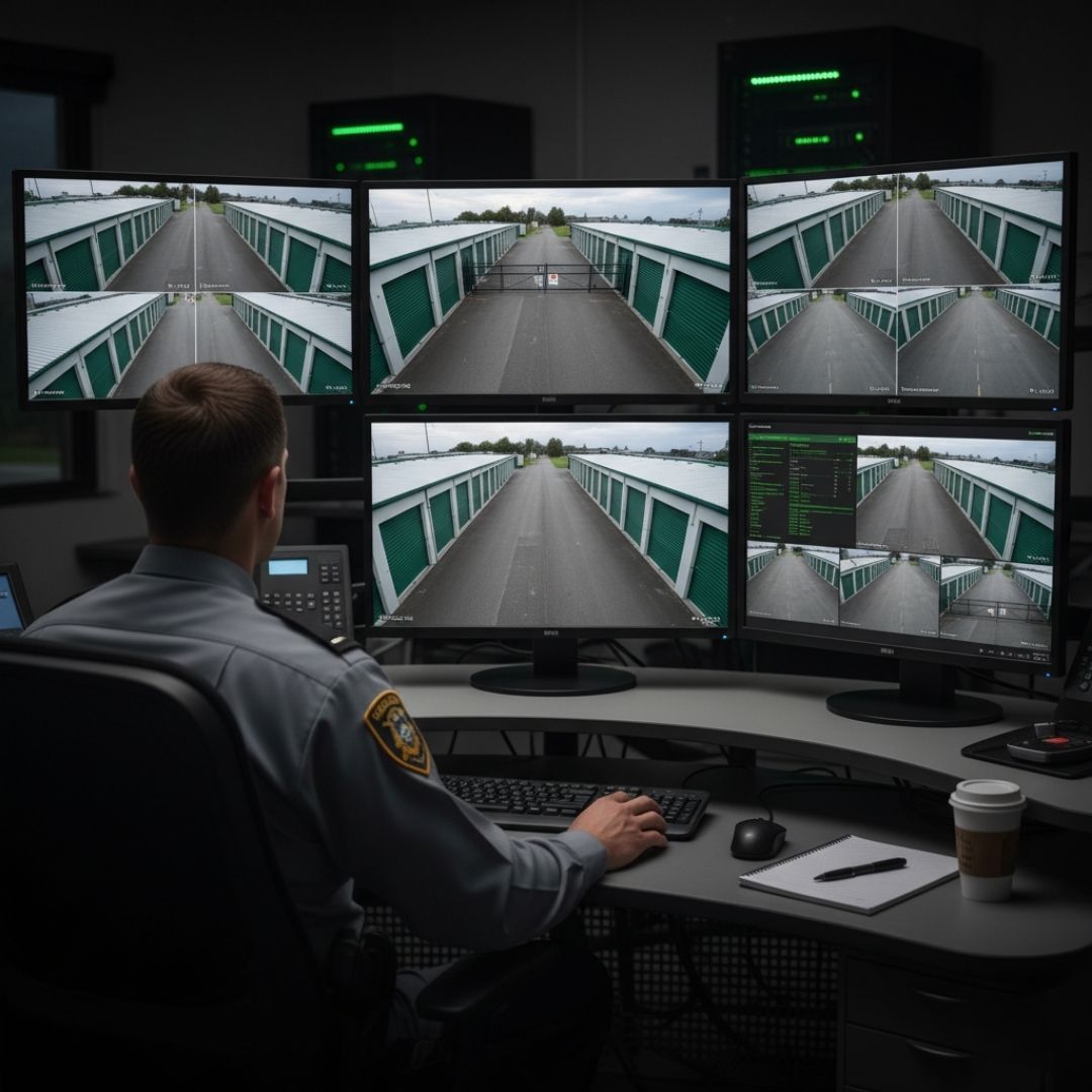 staff member monitoring multiple live camera feeds of a storage facility