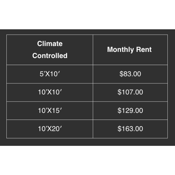 climate controlled unit prices and sizes 
