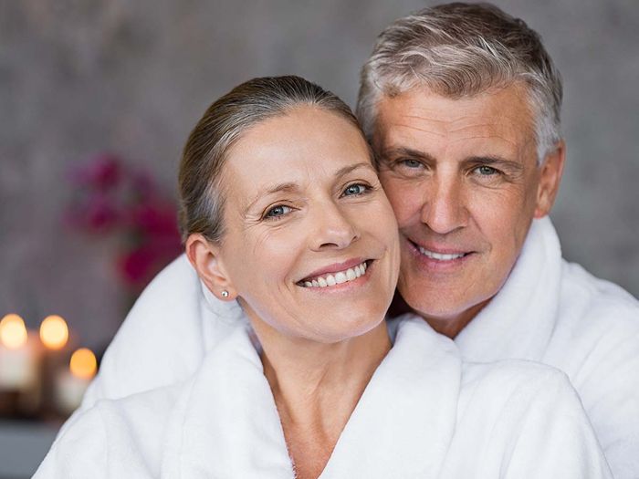couple in robes at a spa