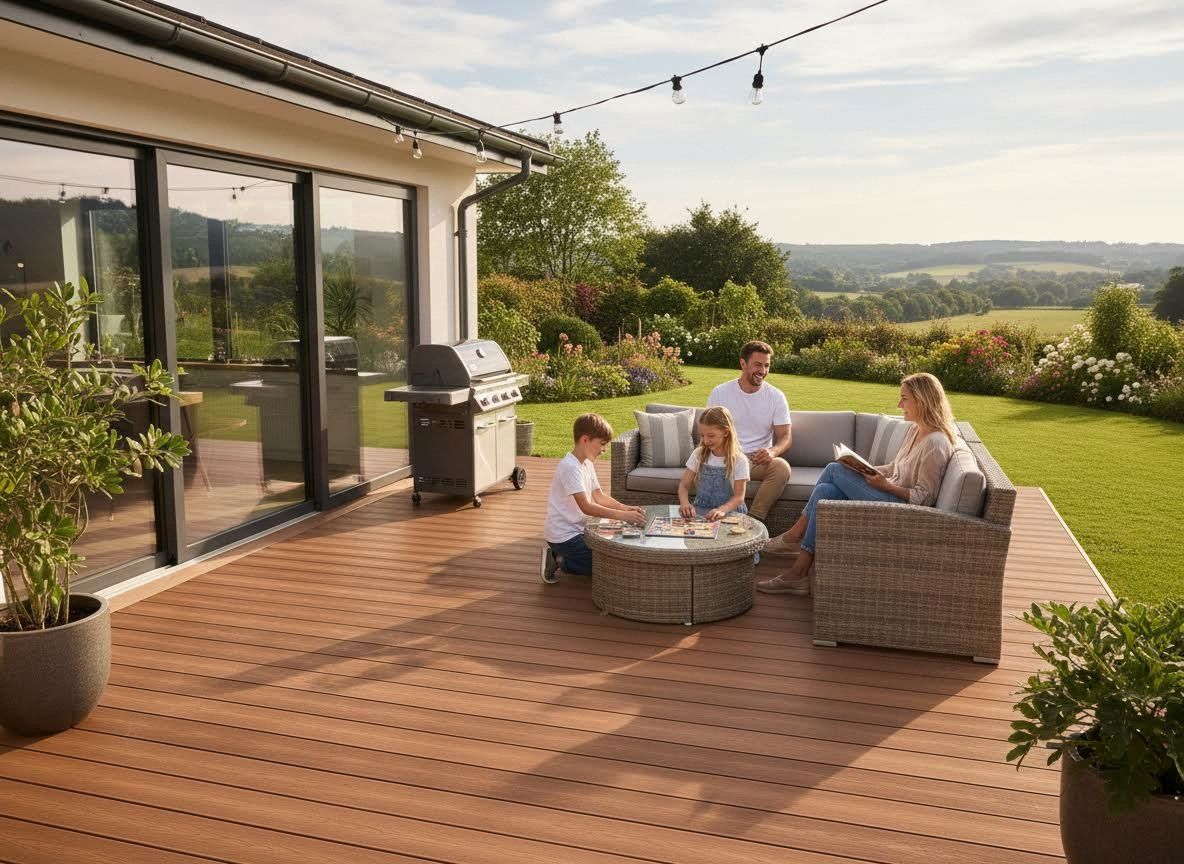 Family Relaxing on a Large Deck Overlooking a Scenic Garden