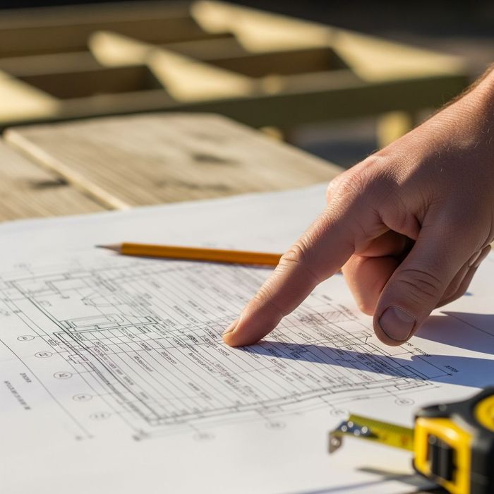 A close-up of a contractor's hand pointing at a deck blueprint.