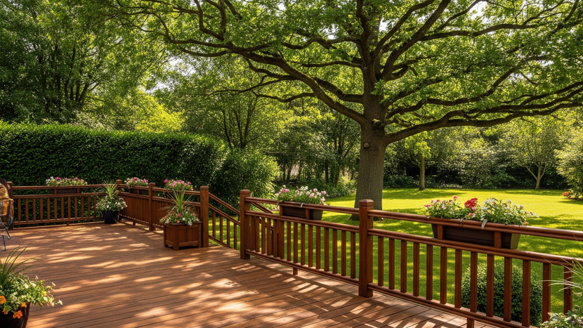 A nice composite deck overlooking a spacious backyard