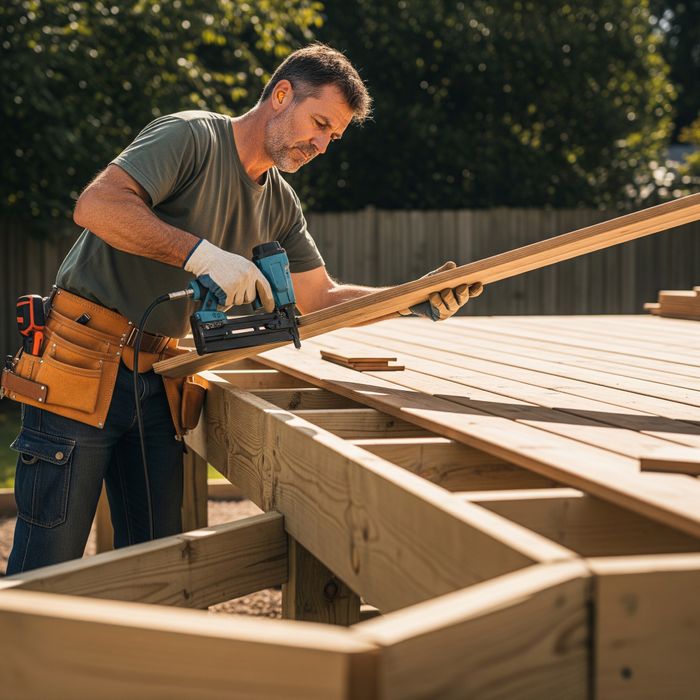 A contractor using a drill to attach deck planks to a frame