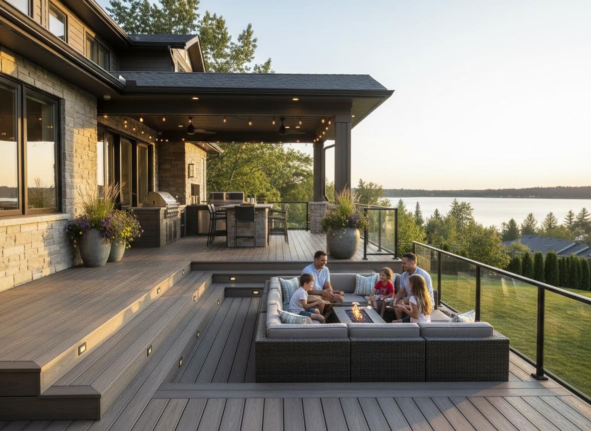 Family enjoying a multi-level deck with fire pit and lake view