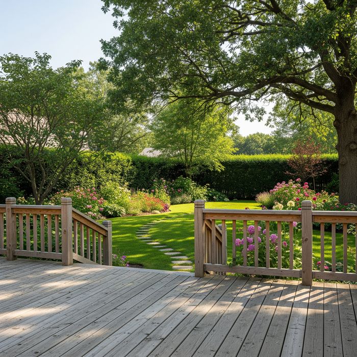 A wooden deck leading to a nicely manicured backyard surrounded by hedges