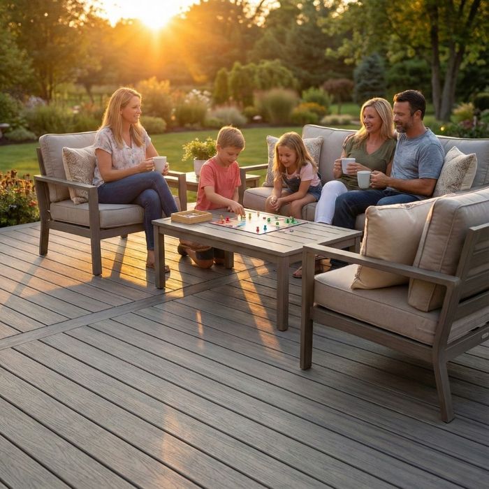 A family relaxing and conversing on comfortable furniture on their new composite deck during a beautiful sunset.