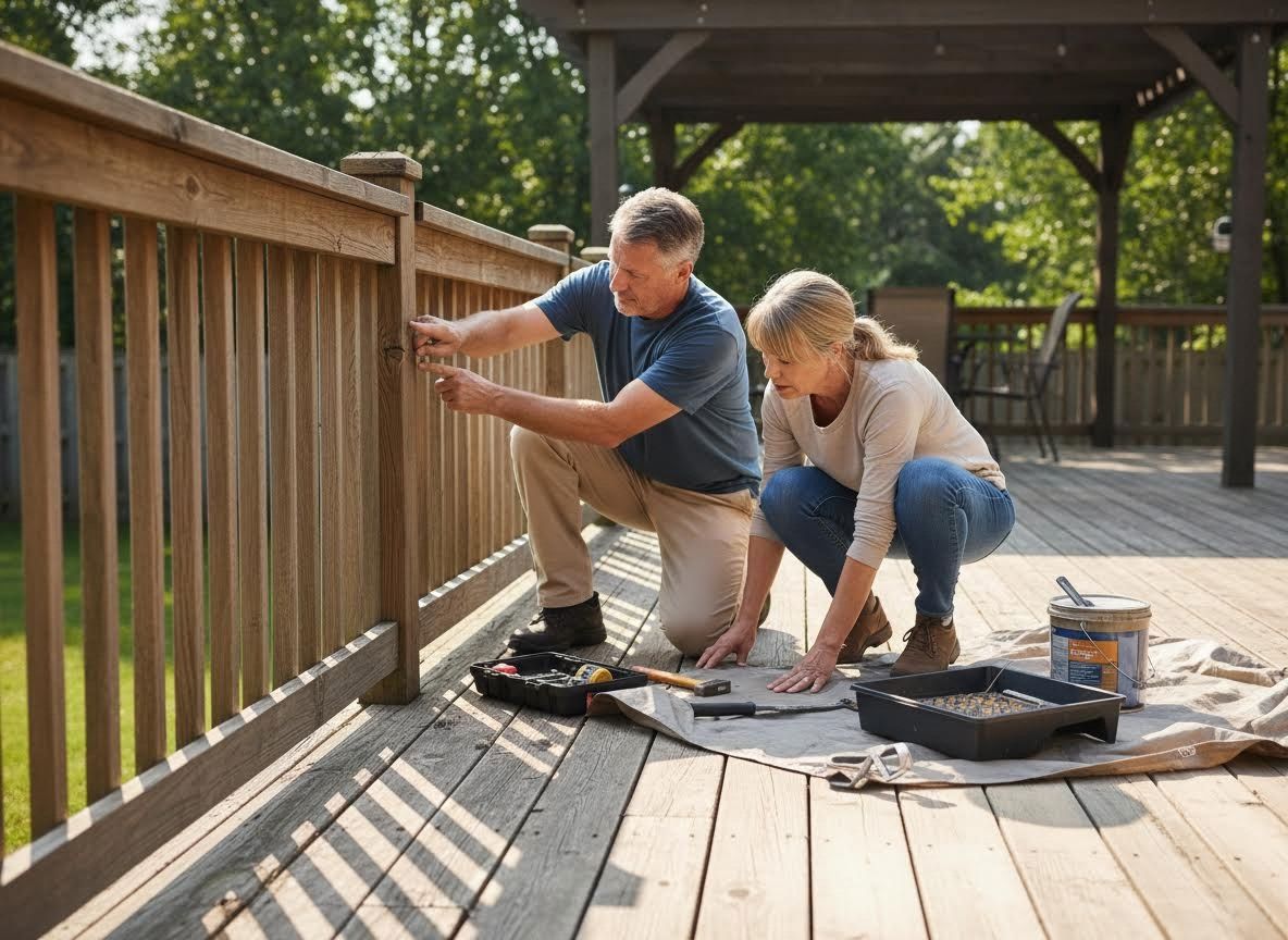 Couple Repairing Wooden Deck Railing