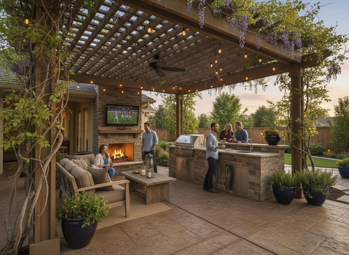 Spacious Outdoor Living Area with Pergola, Fireplace, and Kitchen
