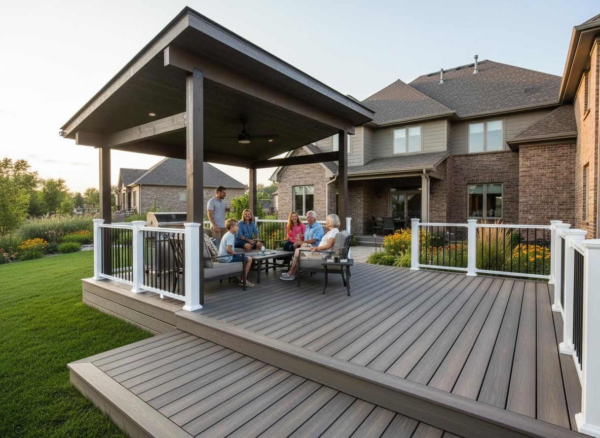 Family gathering on a multi-level composite deck with pergola