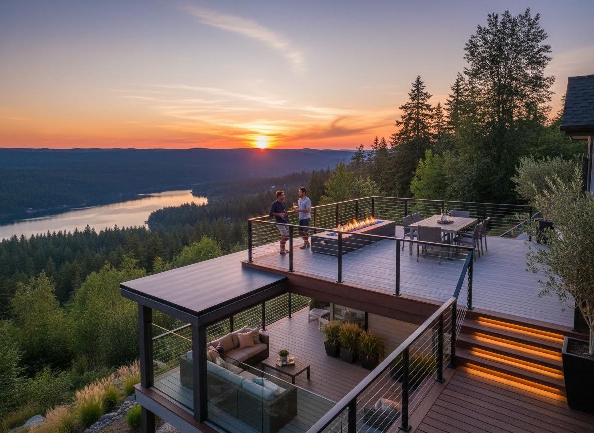 Modern Multi-Level Deck Overlooking Lake at Sunset