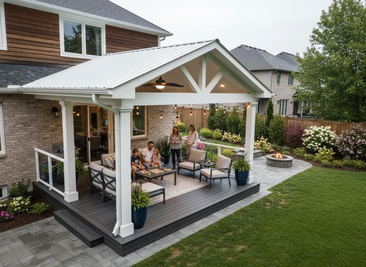 Family on a modern covered patio with fire pit