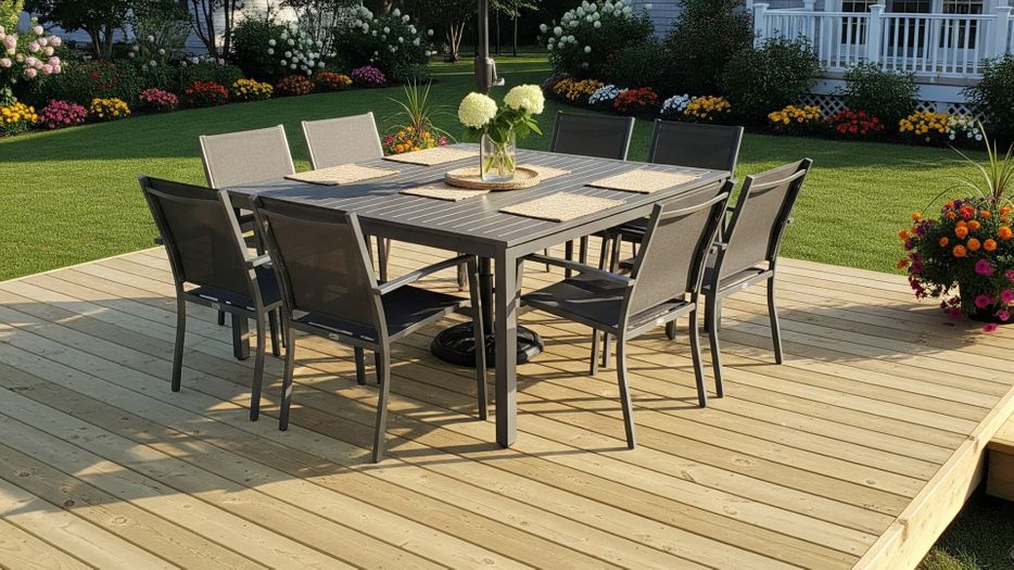 A newly constructed wooden deck with an outdoor dining set.