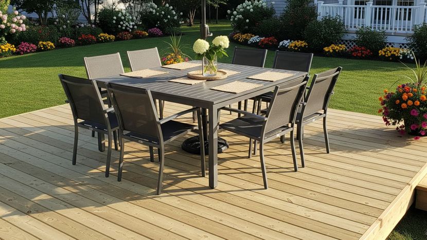 A newly constructed wooden deck with an outdoor dining set.
