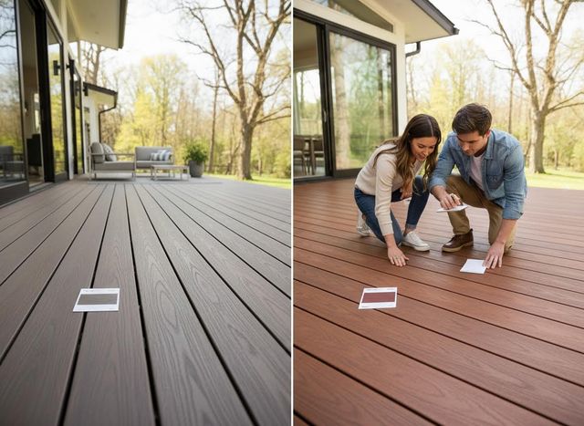 Couple choosing deck colors on modern composite deck