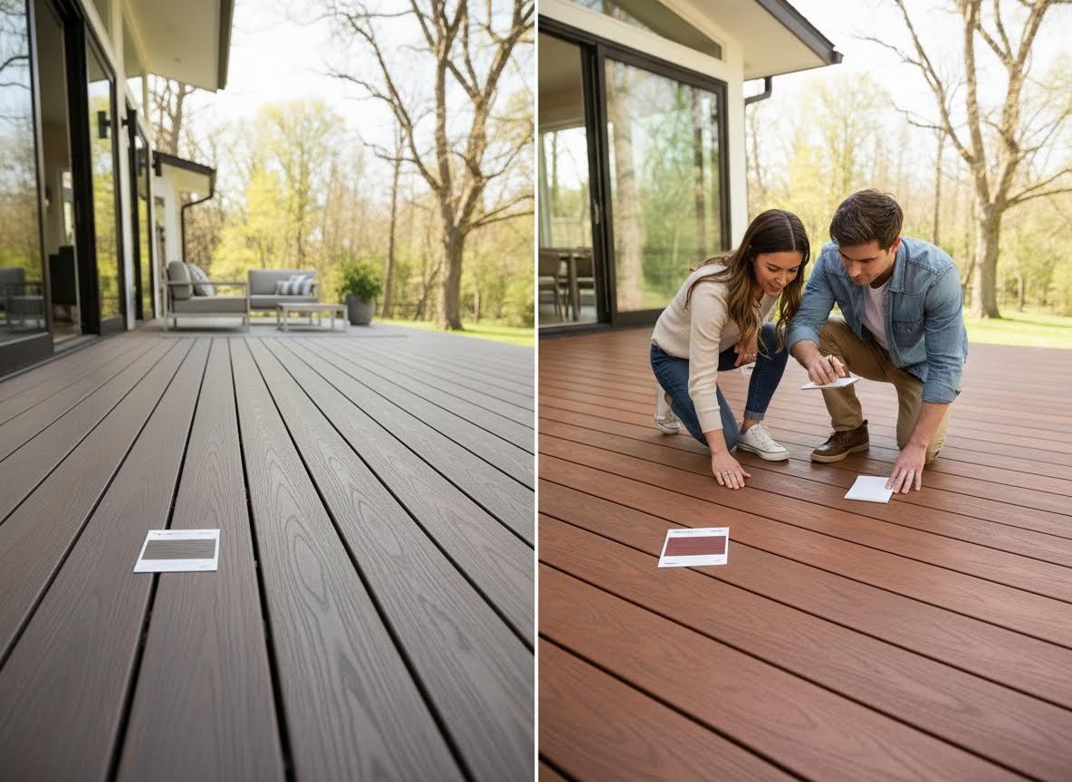 Couple choosing deck colors on modern composite deck