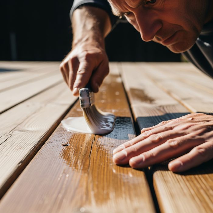 A man using a brush to apply stainer to a deck