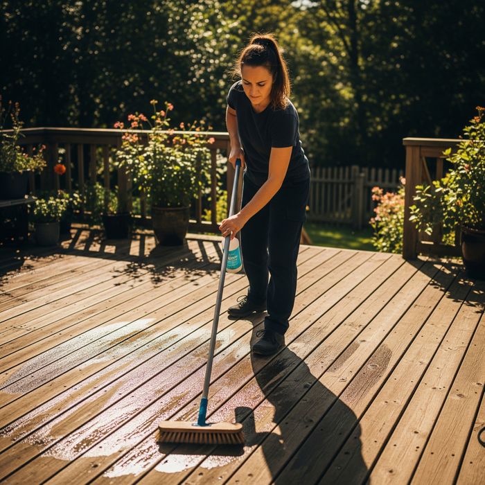 A woman using a push broom to clean her wooden deck