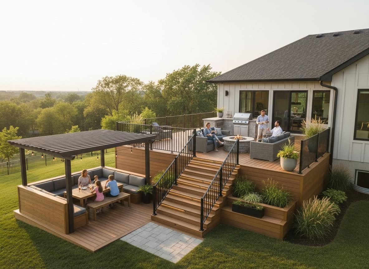 Multi-level backyard deck with outdoor living areas