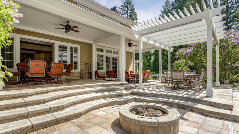 custom outdoor area with fire pit and pergola