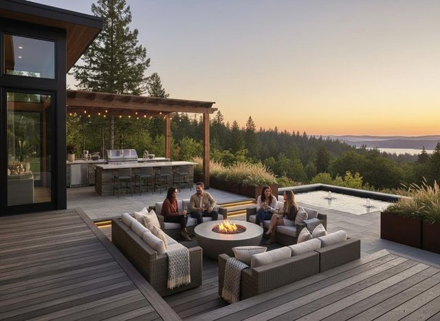 Modern Outdoor Living Space with Fire Pit and Panoramic Sunset View