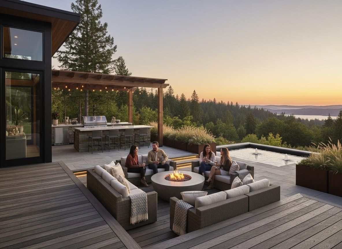 Modern Outdoor Living Space with Fire Pit and Panoramic Sunset View