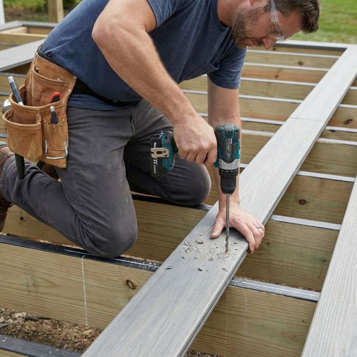 contractor securely installing composite decking boards on a new deck structure.