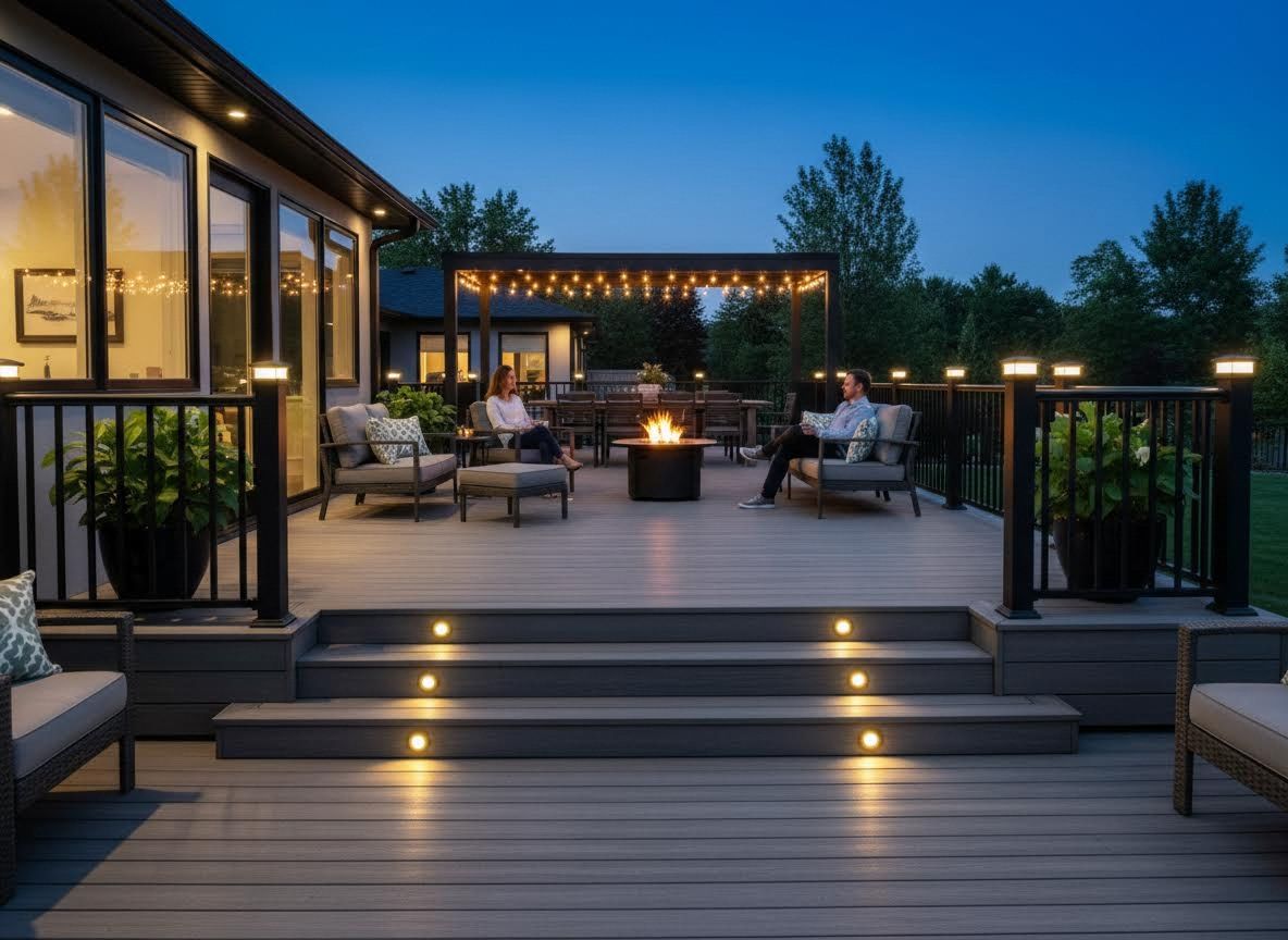 Modern Composite Deck with Fire Pit and Evening Lighting