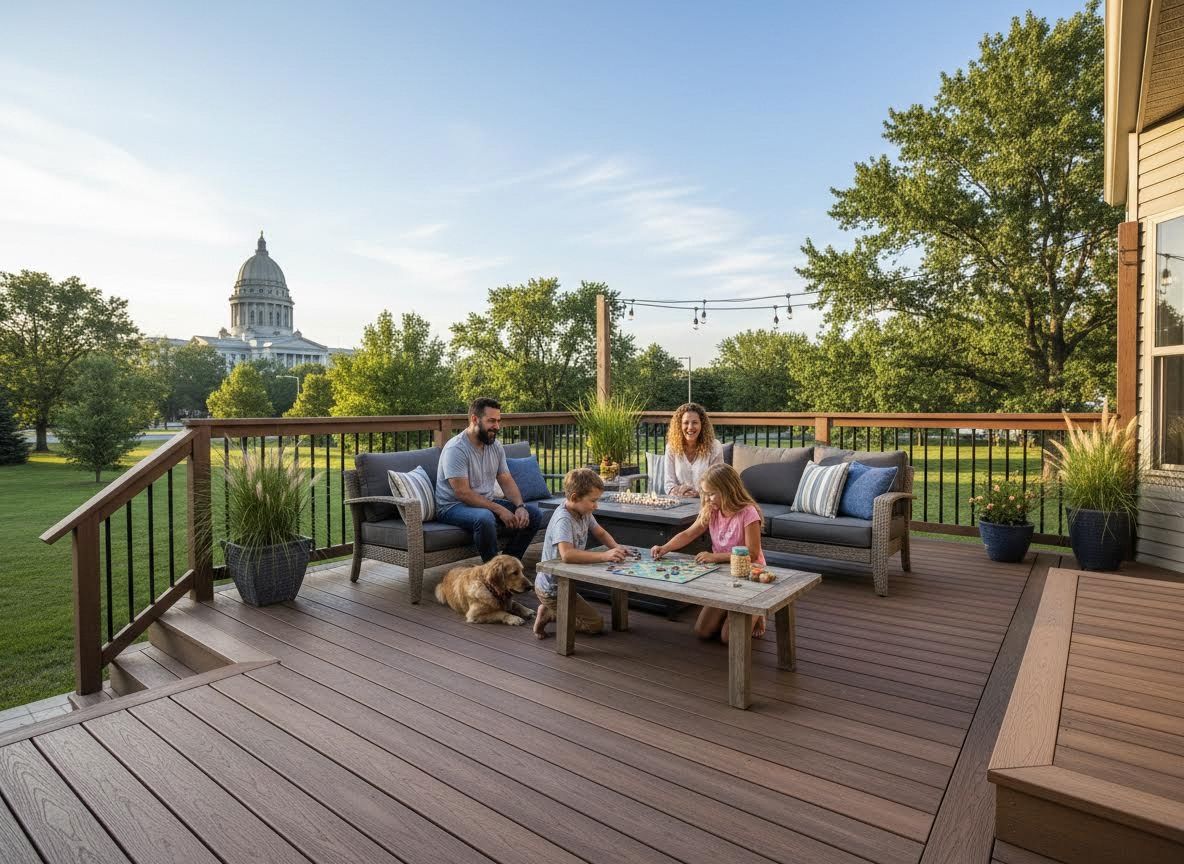 Family playing games on a spacious composite deck with a capitol building view