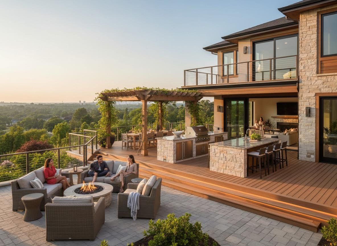 Luxury Multi-Level Outdoor Living Space with Fire Pit and Kitchen