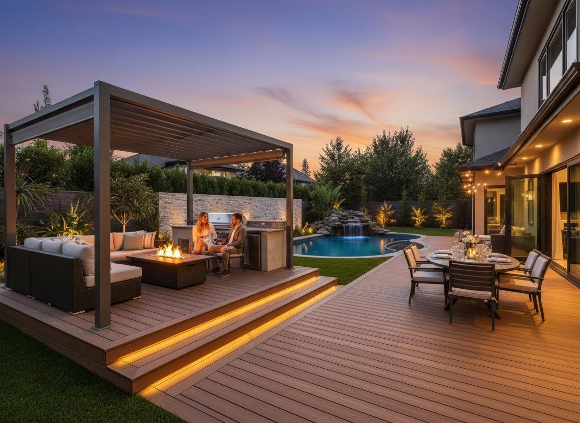 Luxury Outdoor Living Space with Pergola and Pool at Dusk