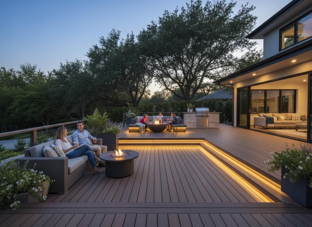 Family relaxing on a modern multi-level deck with fire pits at dusk