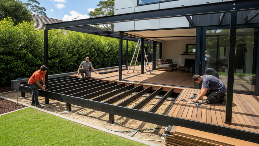 Three deck installers working on installing the foundation of a deck on a modern home. 