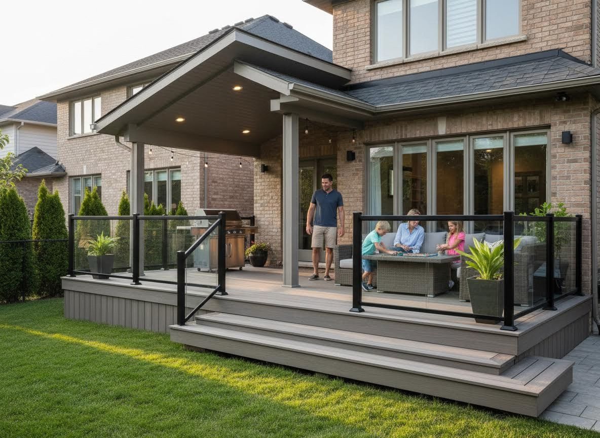 Family enjoying a spacious composite deck and covered patio