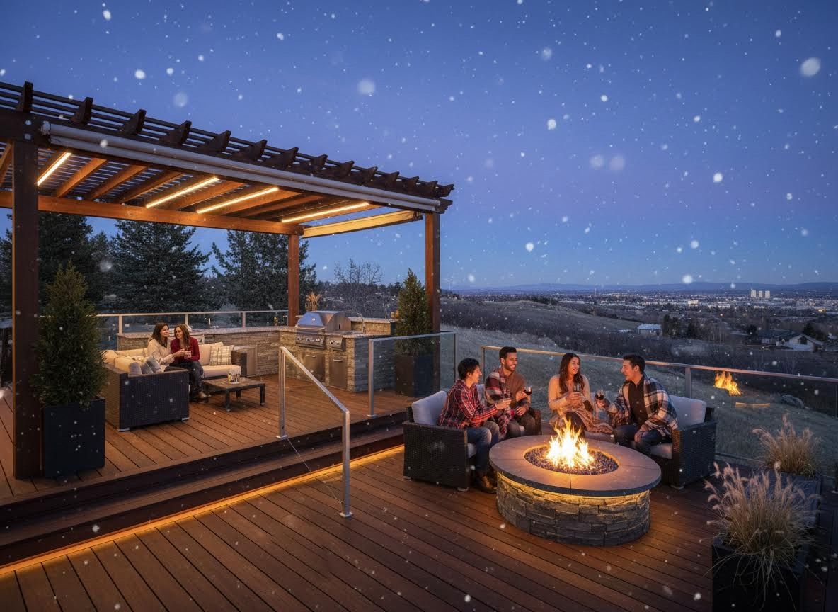 Friends socializing on a lighted outdoor deck with fire pit and city view