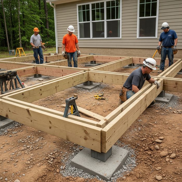 Deck builders working on installing the frame for a deck