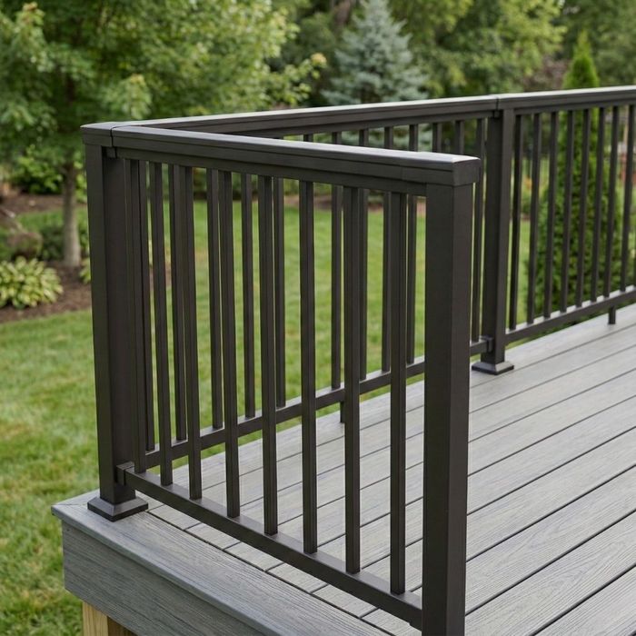 sturdy, dark metal railing system installed on the edge of a composite deck.